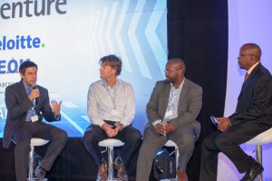 Sanergy Co-founder David Auerbach (left), addressing particpants  during the SAP Forum, looking on from right is SAP East Africa MD Andrew  Waititu, Sproxil CEO Ashifi Gogo and Solar Now CEO Willem No